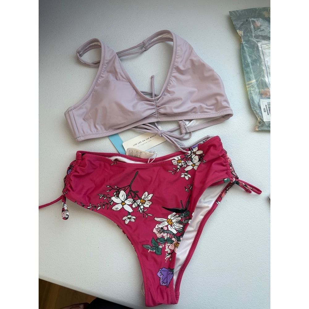Cupshe Floral High Waist Bikini Set Ruched Tie Side Two Piece Swimsuit M‎